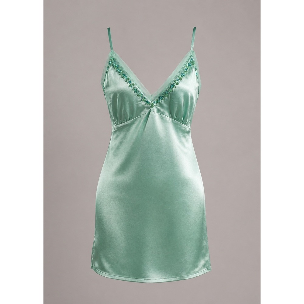 Gold Hawk Seafoam Green 100% Silk Beaded V-Neck Slip Dress Size L Y2K Coquette